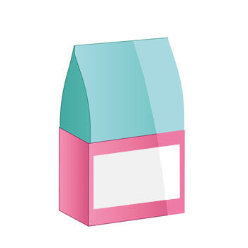 Eine stilisierte Verpackung in Form eines Hauses mit einem blauen Dach und einer pinken Basis, die eine leere weiße Fläche zeigt.