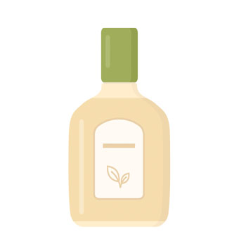 Flasche mit grünem Deckel und einem Etikett, das ein Blattmotiv zeigt. Die Flasche hat eine beige Farbe und eine schlichte Form.