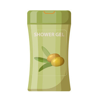 Duschgel-Flasche mit grüner Verpackung und Abbildung von Oliven.