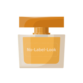 Flasche mit Parfüm im minimalistischen Design, orangefarbener Deckel und der Aufschrift „No-Label-Look“ auf der Vorderseite.