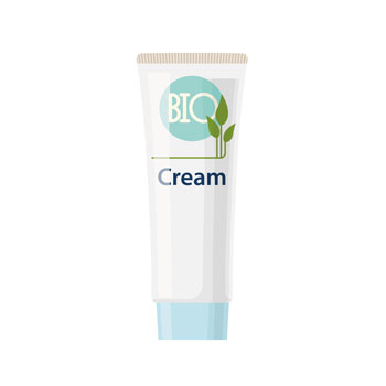 Tube mit BIO-Creme, weiß mit blauer Kappe und grünem Logo, das Pflanzenmotive zeigt.