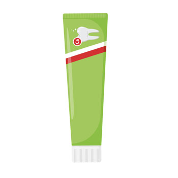 Grüne Zahnpastatube mit einem weißen Zahn-Logo und rotem Streifen.
