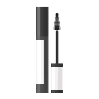 Schwarze Mascara mit einem Applikatorbürstchen, in einer schlanken Verpackung mit weißem Etikett.