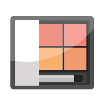 Ein quadratisches Make-up-Set mit vier Farbtönen in Rosa und Orange sowie einem Applikator.