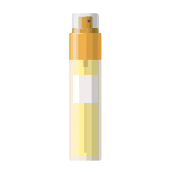 Ein transparenter Flakon mit gelber Flüssigkeit und einem orangefarbenen Sprühkopf. Der Flakon hat ein leeres Etikett.