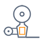 Technische Illustration eines mechanischen Systems mit Zahnrädern und einem orangefarbenen Rechteck, das eine zentrale Komponente darstellt.