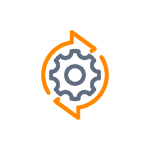 Zahnrad-Symbol in der Mitte eines kreisförmigen Designs, umgeben von orangefarbenen Pfeilen, die eine Bewegung oder einen Prozess darstellen.