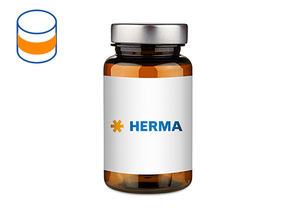 Braune Glasflasche mit silbernem Deckel, beschriftet mit dem Wort "HERMA" auf einem weißen Etikett.