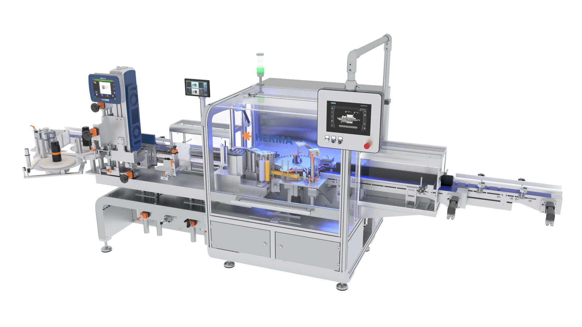 Automatisierte Verpackungsmaschine mit mehreren Stationen, Displays und Fördersystem zur Verarbeitung von Produkten.