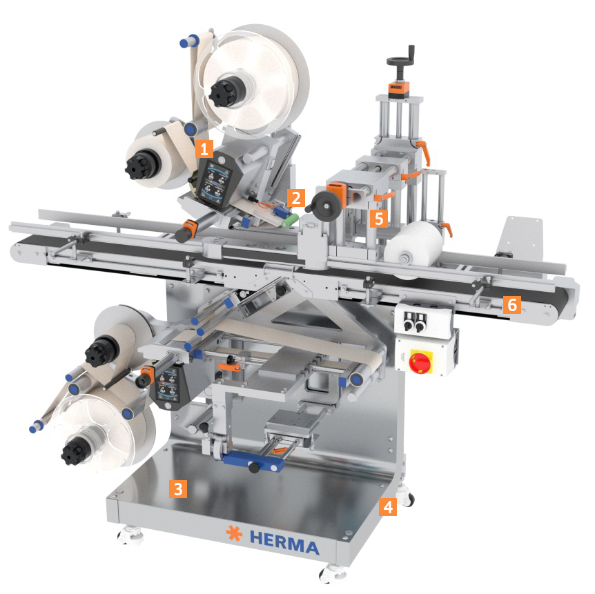 Automatische Etikettiermaschine mit mehreren Rollen, Steuerungseinheit und Förderband. Komponenten zur Anpassung und Etikettierung sind sichtbar.