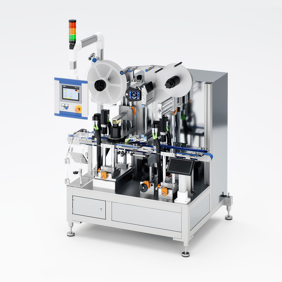 Automatisierte Maschine zur Etikettierung mit mehreren Rollen, Steuerungseinheit und verschiedenen mechanischen Komponenten.