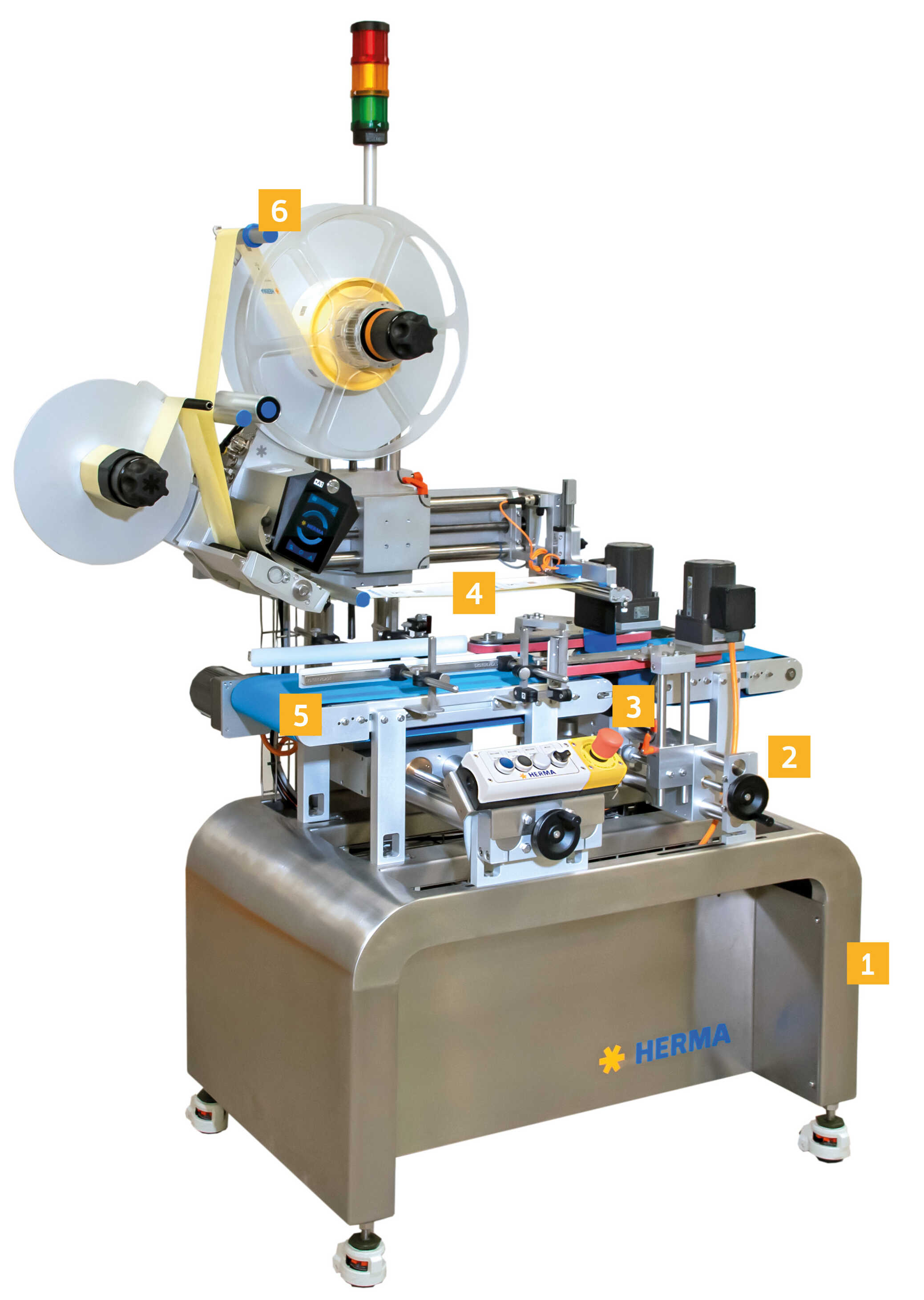Automatische Etikettiermaschine mit mehreren Rollen, Steuerungselementen und einem stabilen Edelstahlgestell.