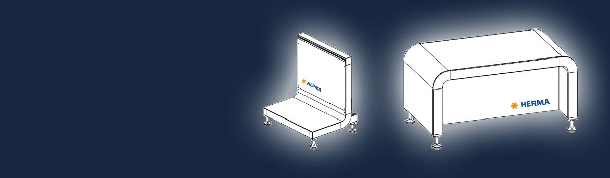 Technische Zeichnungen von zwei verschiedenen Verpackungsmaschinen mit dem Logo von HERMA.