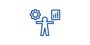 Eine stilisierte Figur mit einem Zahnrad und einem Diagramm, das Wachstum darstellt.
