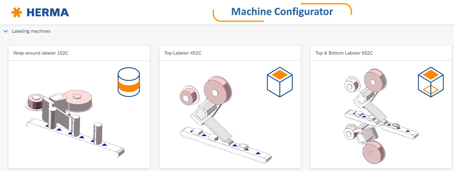 Konfigurator für Etikettiermaschinen mit drei Modellen: Wickel-Etikettierer 132C, Oberetikettierer 435C und Ober- und Unteretikettierer 605C.
