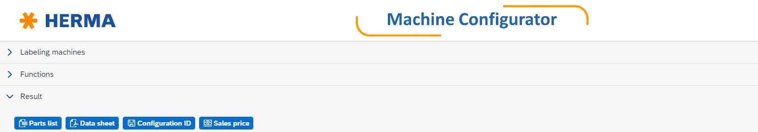 HERMA Maschinenkonfigurator mit Optionen für Etikettiermaschinen, Funktionen und Ergebnissen. Schaltflächen für Preis und Konfiguration sichtbar.