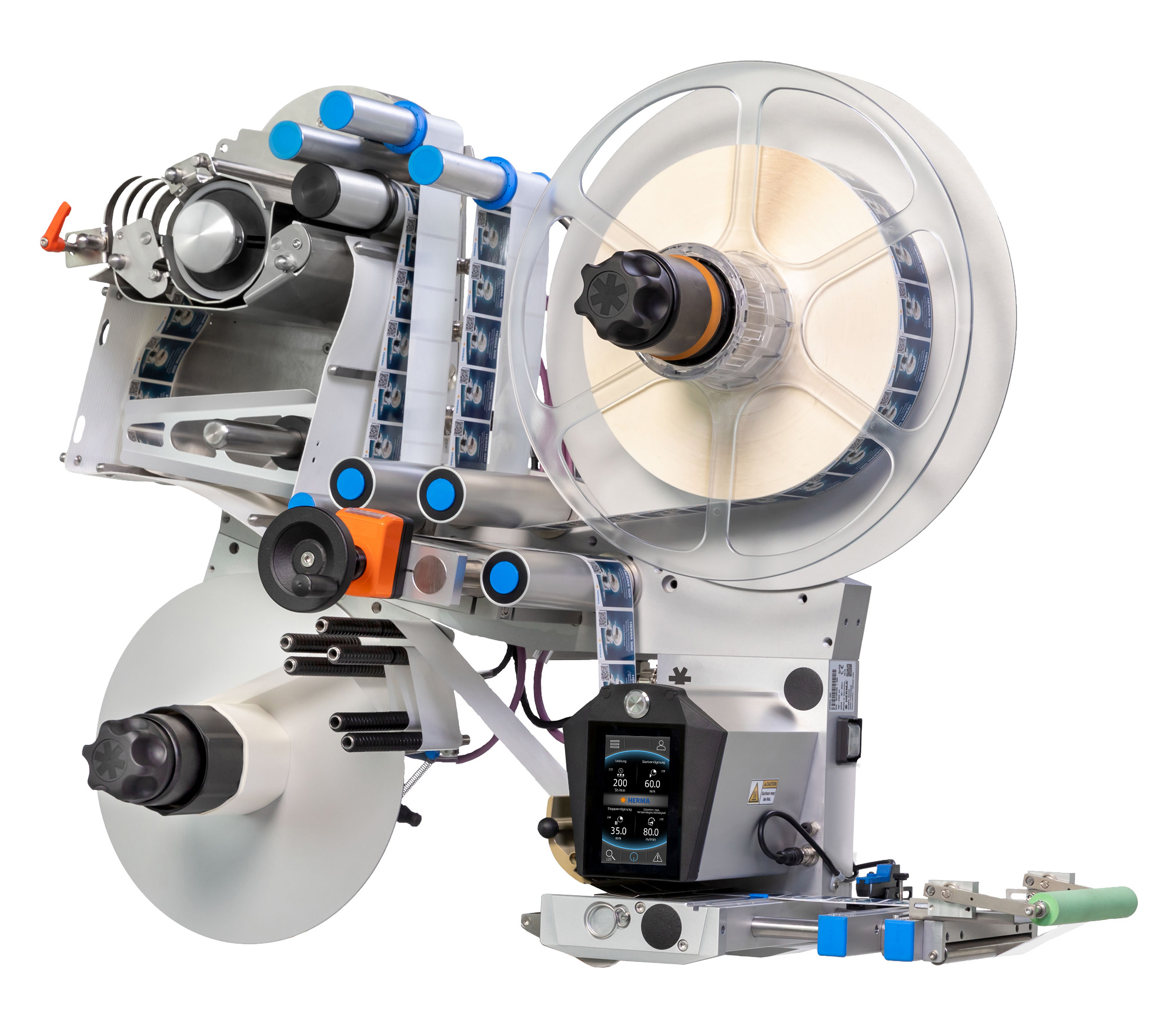 Eine moderne Etikettiermaschine mit mehreren Rollen, Steuerungseinheit und verschiedenen mechanischen Komponenten zur Etikettierung von Produkten.