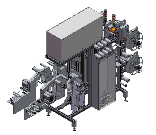 Maschine zur Verarbeitung von Materialien mit mehreren Förderbändern, Motoren und Steuerungselementen, in technischer Darstellung.