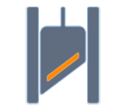 Ein graues Symbol mit einem orangefarbenen Balken, das eine Art von mechanischem Gerät oder Werkzeug darstellt.