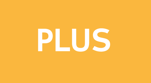 Der Text "PLUS" in großer, weißer Schrift auf einem orangefarbenen Hintergrund.