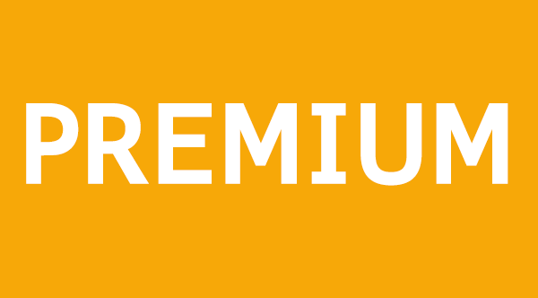 Premium in großen, weißen Buchstaben auf einem orangefarbenen Hintergrund.