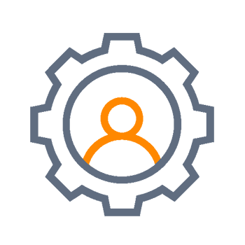 Symbol eines Zahnrads mit einer stilisierten Person in der Mitte, dargestellt in orange und grau.