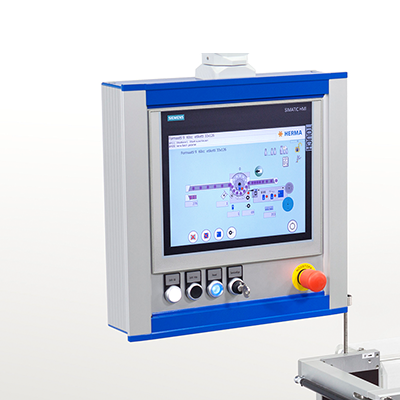 Steuerungseinheit mit Touchscreen, Tasten und Not-Aus-Schalter, verwendet für industrielle Anwendungen zur Überwachung und Steuerung von Prozessen.