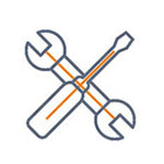 Kreuzung von Schraubenschlüssel und Schraubendreher, symbolisiert Werkzeuge oder technische Unterstützung.