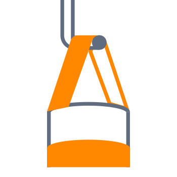 Ein orangefarbener Haken mit einer Schlaufe, der an einem grauen Seil befestigt ist, symbolisiert eine Hebevorrichtung oder Lastenaufzug.