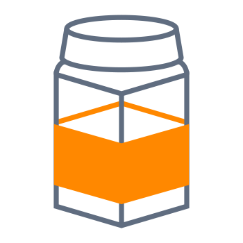 Ein stilisiertes Glasbehältnis mit einem orangefarbenen Band um die Mitte, umgeben von einer grauen Umrandung.