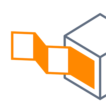 Ein orangefarbenes Rechteck, das aus einem grauen Würfel herausragt, mit zwei weißen Quadraten auf beiden Seiten.