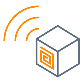 Ein stilisiertes Symbol eines Würfels mit Wellenlinien, die Signalübertragung oder Kommunikation darstellen.