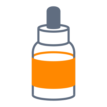 Eine Flasche mit einem Tropfer, die einen orangefarbenen Etikettstreifen zeigt. Die Flasche hat einen grauen Deckel und einen transparenten Körper.