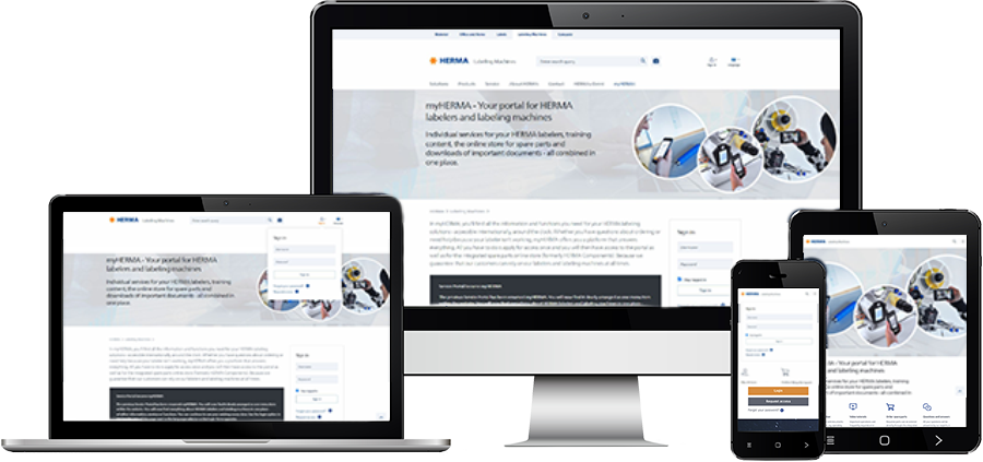 Mehrere Geräte zeigen die Website von HERMA, die Informationen zu Etiketten und Verpackungslösungen bietet.