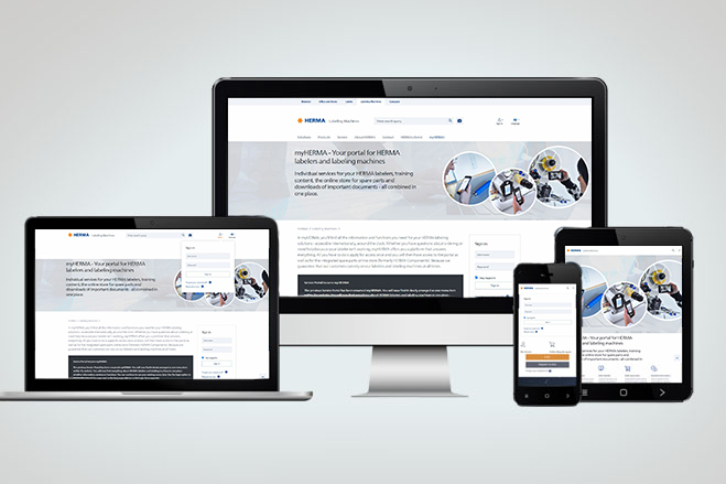 Mehrere Geräte zeigen die Website von HERMA, die Informationen zu Etiketten und Kennzeichnungslösungen bietet.