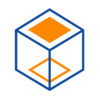 Ein stilisierter Würfel mit orangefarbenem Quadrat und blauen Linien, die ein Code-Symbol darstellen.