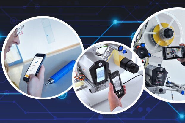 Technologische Geräte werden in verschiedenen Anwendungen verwendet, darunter mobile Messgeräte und Robotertechnik, vor einem digitalen Hintergrund.