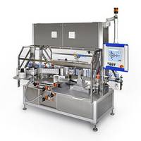 Automatisierte Abfüllmaschine aus Edelstahl mit Steuerungseinheit, geeignet für Flaschen und Behälter.