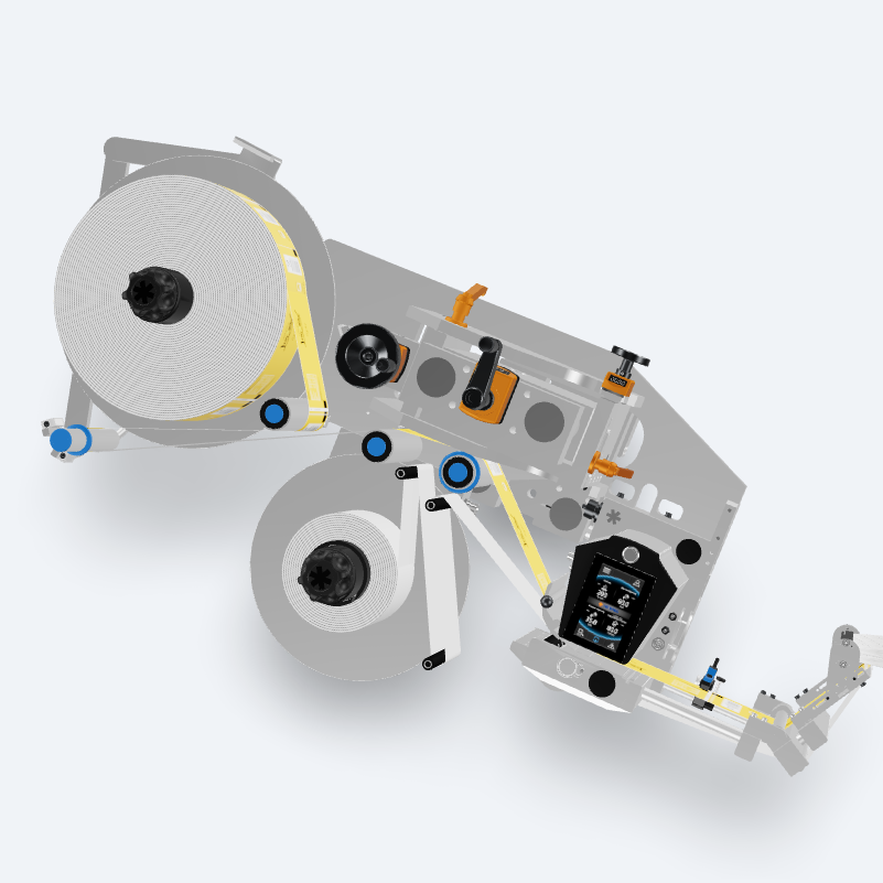 Technische Zeichnung eines Maschinenbauteils mit zwei großen Rollen, verschiedenen mechanischen Komponenten und einem Steuerungselement.