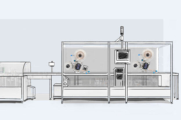 Eine industrielle Maschine mit mehreren Komponenten, einschließlich Steuerungseinheiten und Arbeitsstationen, in einem modernen Design.