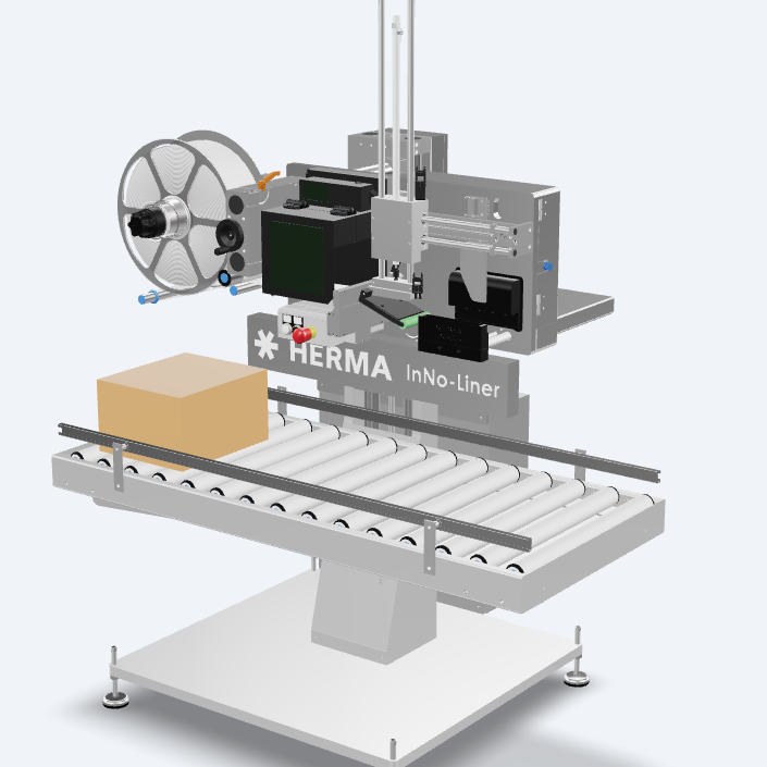 Automatische Etikettiermaschine mit Förderband, ausgestattet mit einem Etikettenspender und einer Steuerungseinheit.