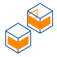 Zwei stilisierte Würfel mit orangefarbenen und blauen Elementen, die eine moderne, geometrische Form darstellen.